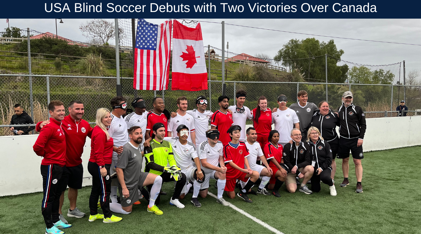 The USA and Canada blind soccer teams pose together on the field after their March 19, 2023, match in Chula Vista, Calif.