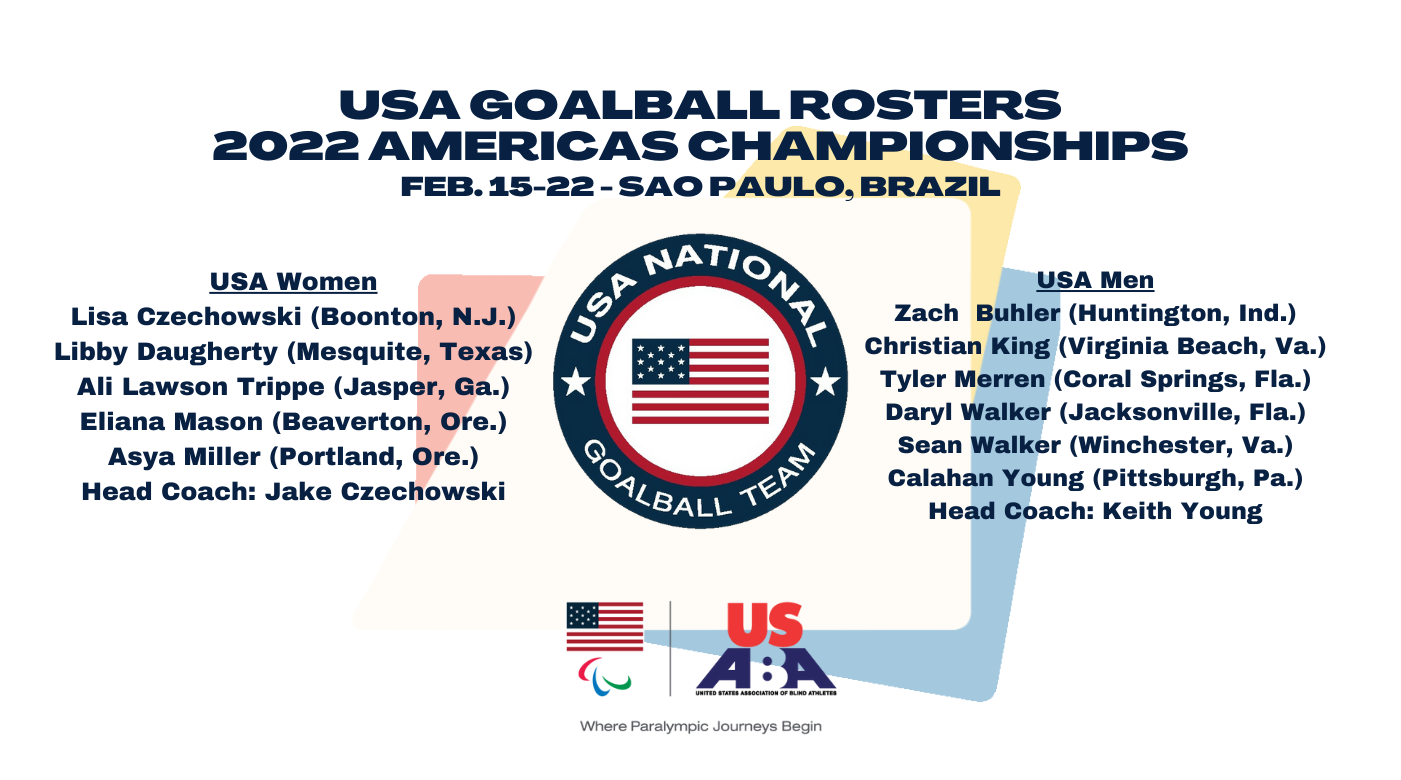 A graphic announcing the USA men\'s and women\'s goalball rosters for the 2022 Americas Championships in Sao Paulo, Brazil, Feb. 15-22