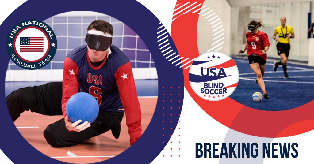 A graphic showing Paralympic goalball athlete Calahan Young holding goalball in front of net, and blind soccer athlete Bailey Martin dribbling soccer ball down the field.