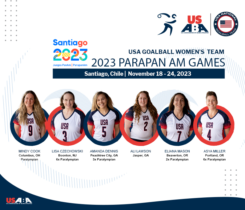 A graphic for the USA Goalball Women's Team roster for the 2023 Parapan Am Games in Santiago, Chile, November 18-24, 2023, with headshots of team members Mindy Cook, Lisa Czechowski, Amanda Dennis, Ali Lawson, Eliana Mason and Asya Miller.