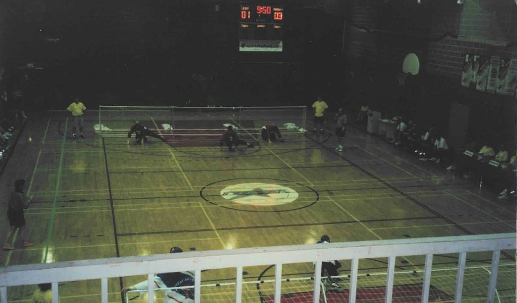 A look from above the court during a goalball match at Nassau Community College gymnasium