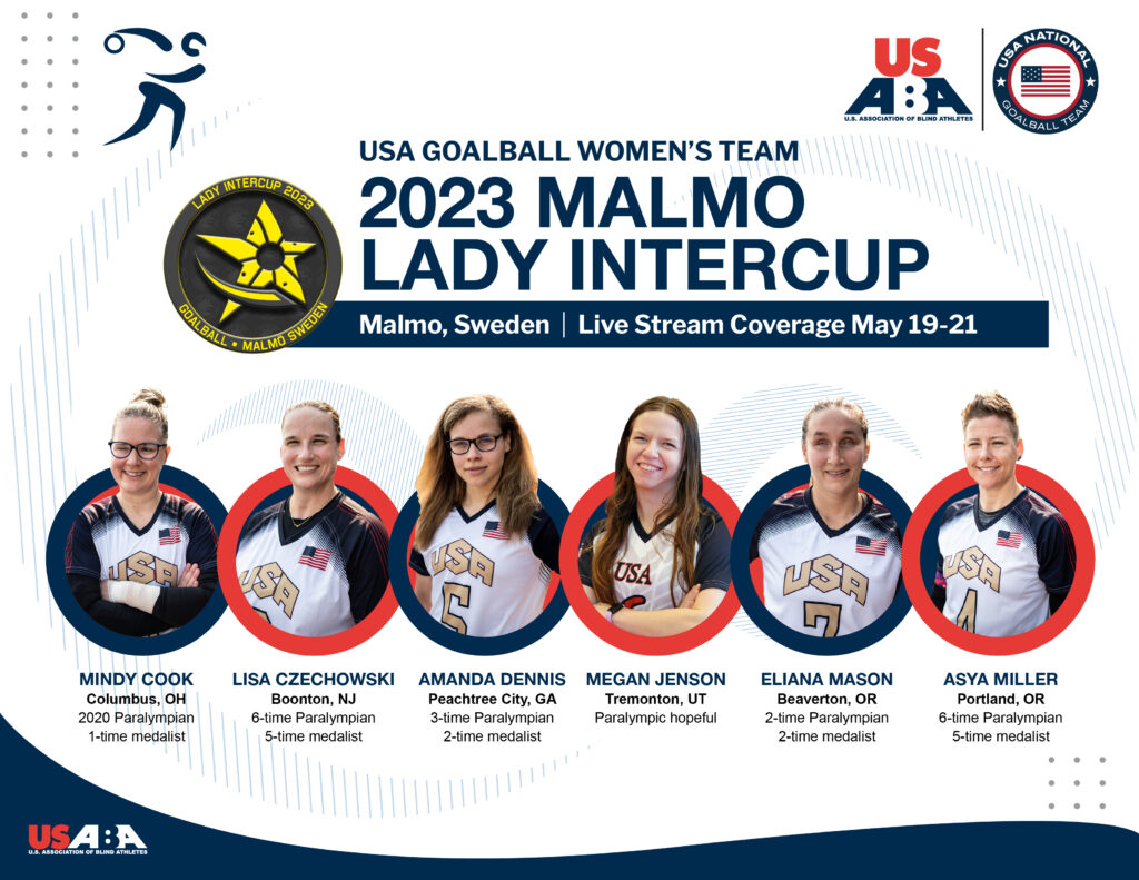 A graphic announcing the USA Goalball women's roster for the 2023 Malmo Lady Intercup, May 19-21 in Malmo, Sweden, with headshots of team members Mindy Cook, Lisa Czechowski, Amanda Dennia, Megan Jenson, Eliana Mason and Asya Miller.