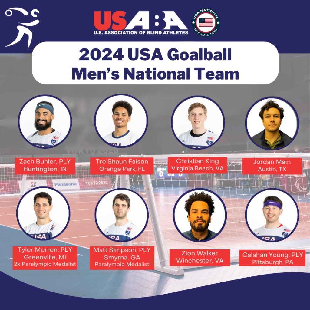 A graphic showing the headshots of the seven athletes on the 2024 USA Goalball Men's National Team.