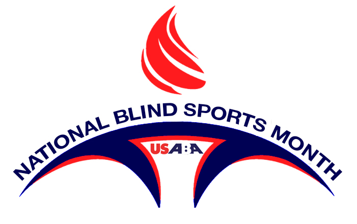 The National Blind Sports Month logo in the shape of a torch with the USABA logo underneath.