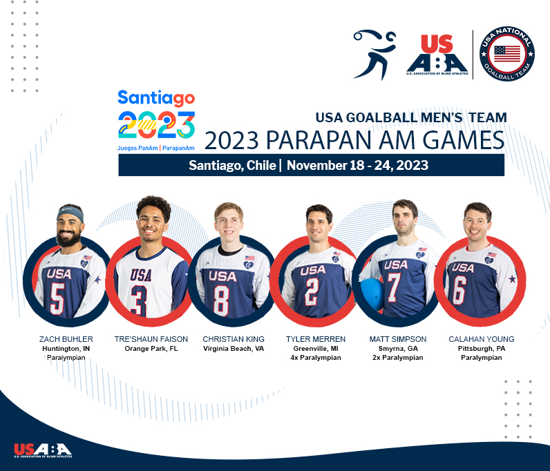 A graphic for the USA Goalball Men's Team roster for the 2023 Parapan Am Games in Santiago, Chile, November 18-24, 2023, with headshots of team members Zach Buhler, Tre'Shaun Faison, Christian King, Tyler Merren, Matt Simpson and Calahan Young.
