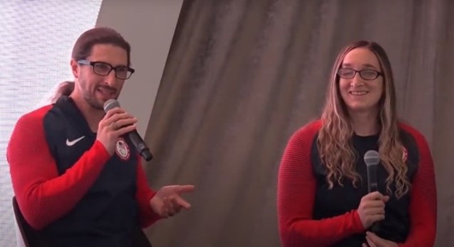 Goalball Paralympians John Kusku and Eliana Mason speak at the 2022 Breakfast with Champions in Colorado Springs in October.