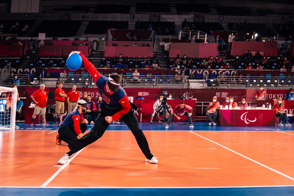 Calahan Young winds up for a throw during a goalball match at the Tokyo 2020 Paralympic Games