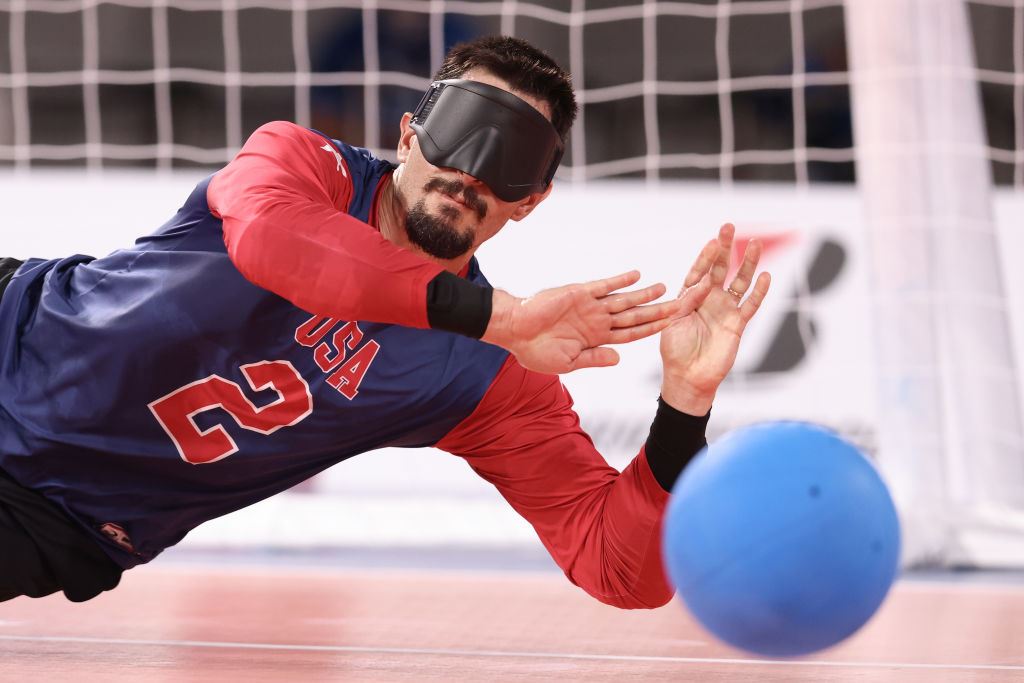 Tyler Merren parries away a shot during the Tokyo 2020 Paralympic Games goalball competition