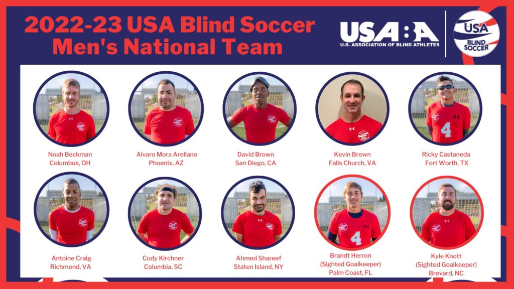 A graphic showing headshot photos of the 10 athletes selected for the 2022-23 USA Blind Soccer Men’s National Team along with logos for USABA and USA Blind Soccer. Pictured are:
Noah Beckman – Columbus, OH
Alvaro Mora Arellano – Phoenix, AZ
David Brown – San Diego, CA
Kevin Brown – Falls Church, VA
Ricky Castaneda – Fort Worth, TX
Antoine Craig – Richmond, VA
Cody Kirchner – Columbia, SC
Ahmed Shareef – Staten Island, NY
Brandt Herron (Sighted Goalkeeper) – Palm Coast, FL
Kyle Knott (Sighted Goalkeeper) – Brevard, NC