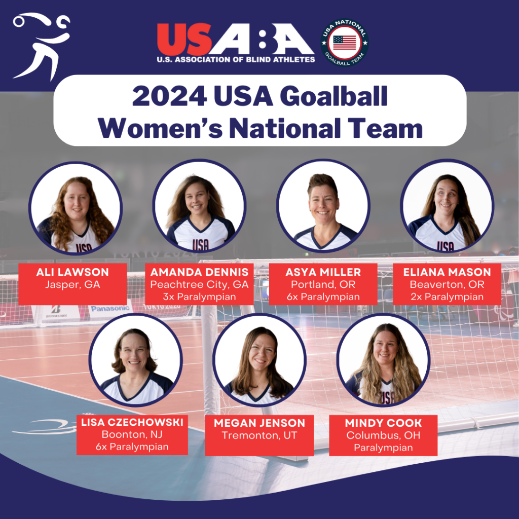 A graphic showing the headshots of the seven athletes on the 2024 USA Goalball Women's National Team.